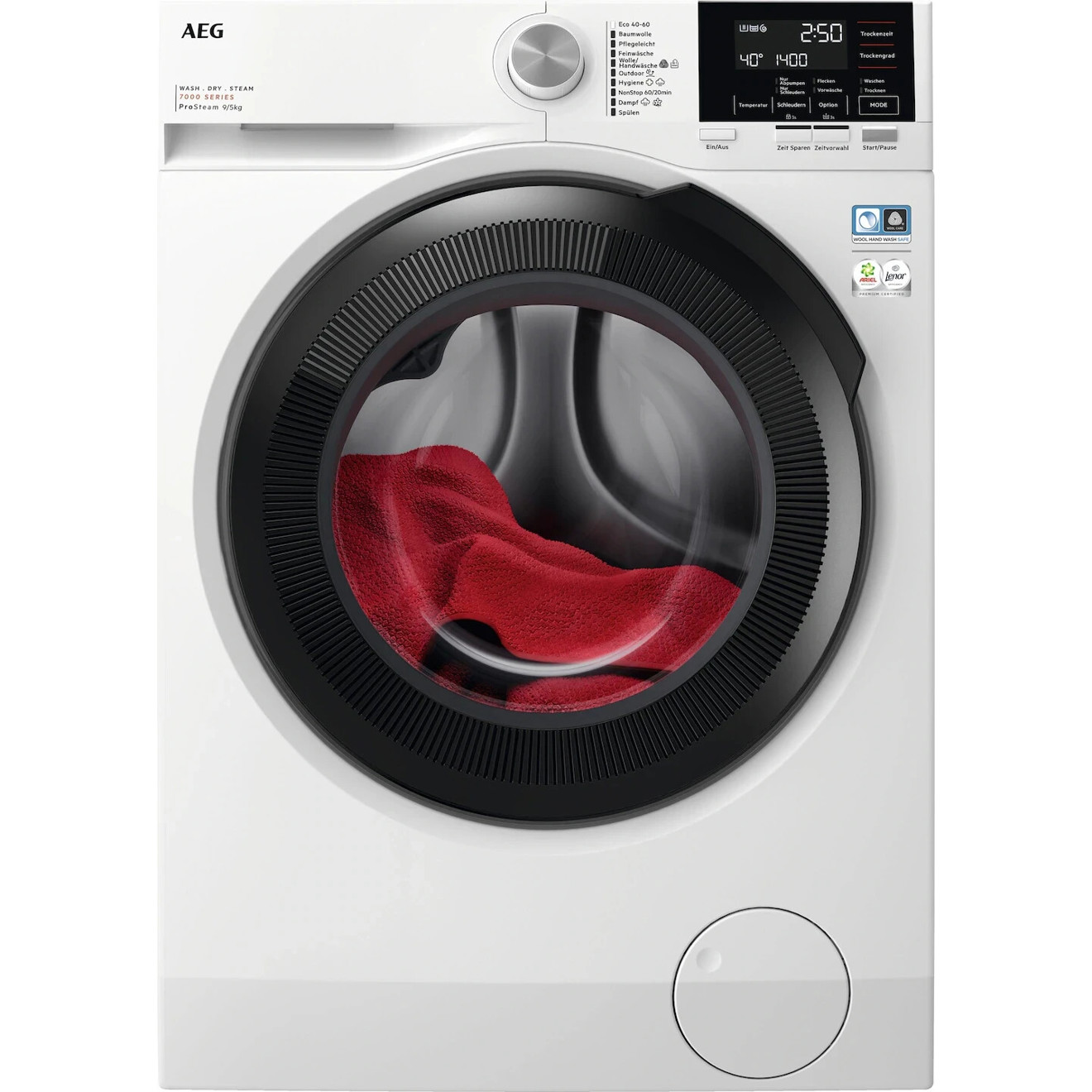 AEG - LWR759WT - Freistehender Waschtrockner (Weiß), 9kg Waschen/5kg Trocknen, Inverter-Motor, 1.600 U/min Schleuderdrehzahl, LED-Display, Kindersicherung (schwarzes Bullauge)