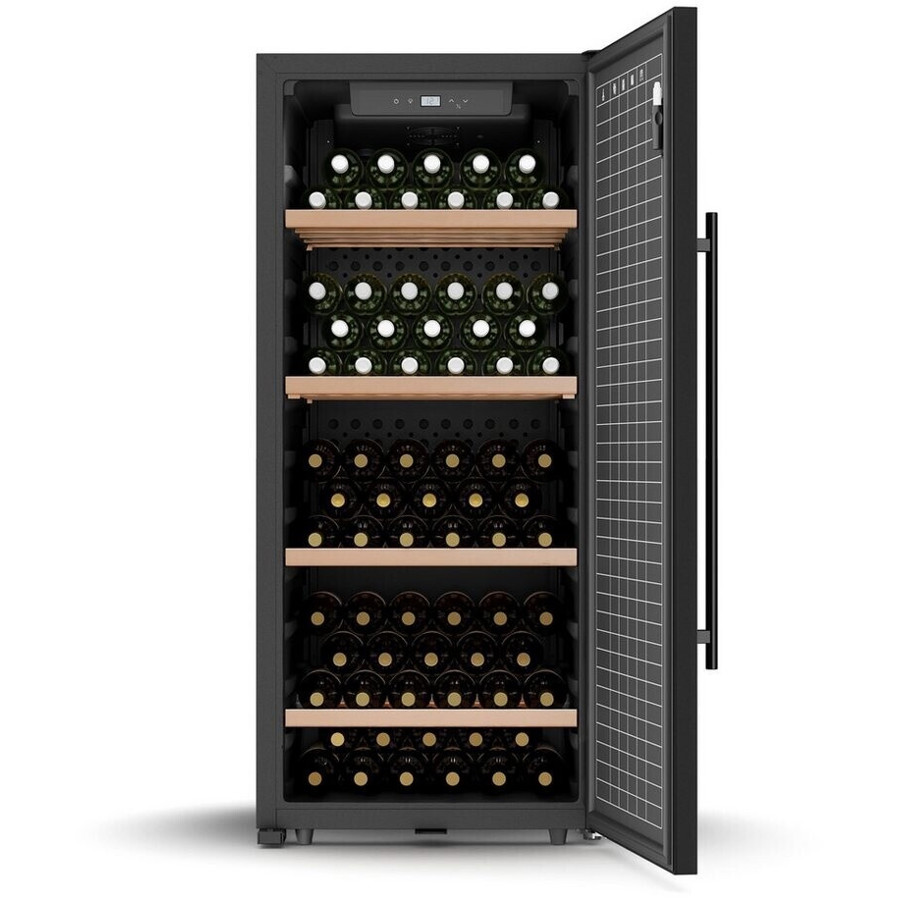 Klarstein - CellarMax 114 - Freistehender Weinklimaschrank (Schwarz, 238L, 127,7cm Höhe, Kompressor, 5-20°C, 4 Holzlagerböden)
