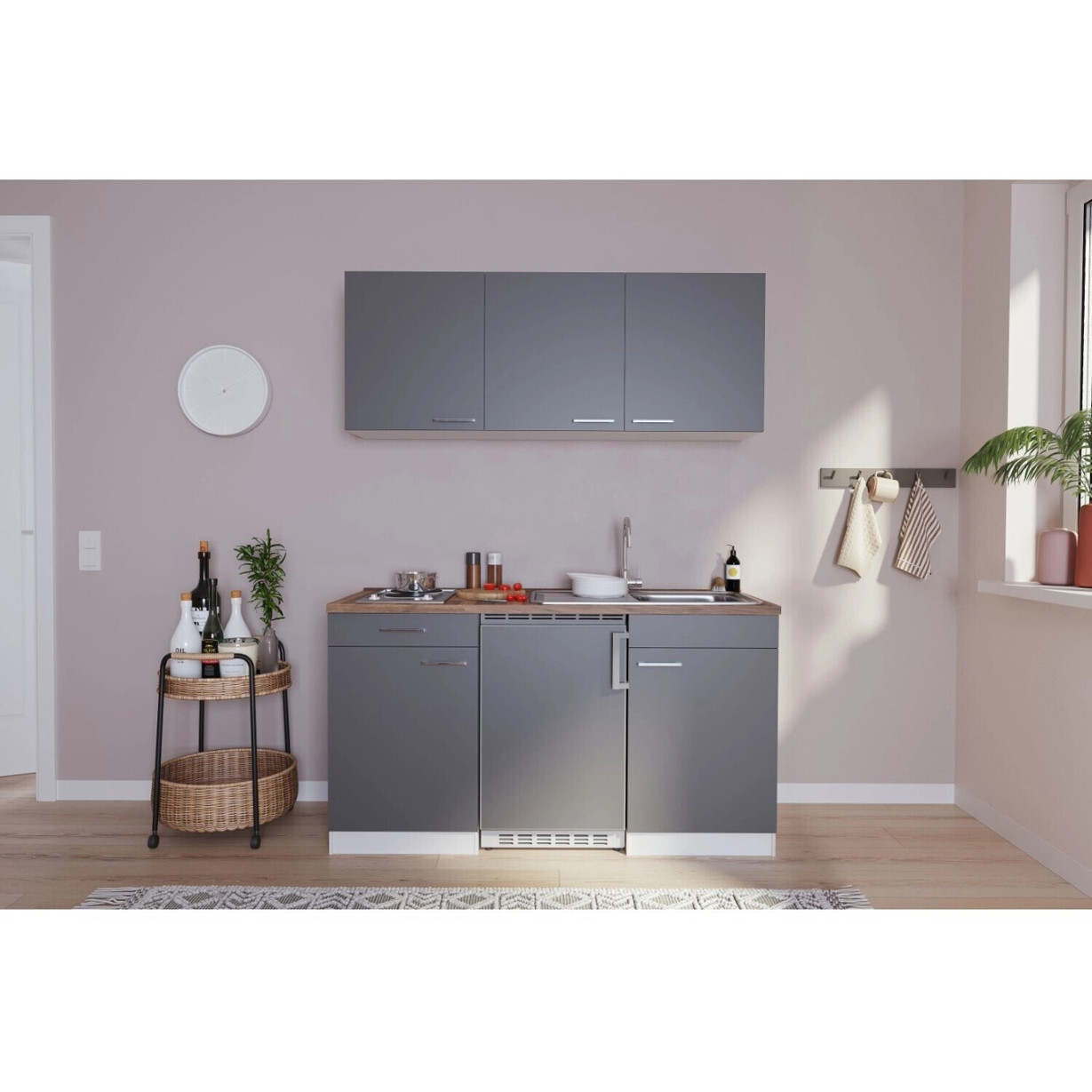 Respekta - KB150WG - Miniküche mit grauem Kühlschrank, Gefrierfach und integriertem Kochfeld (Glasablageflächen, Abtauautomatik, 150 cm Breite)