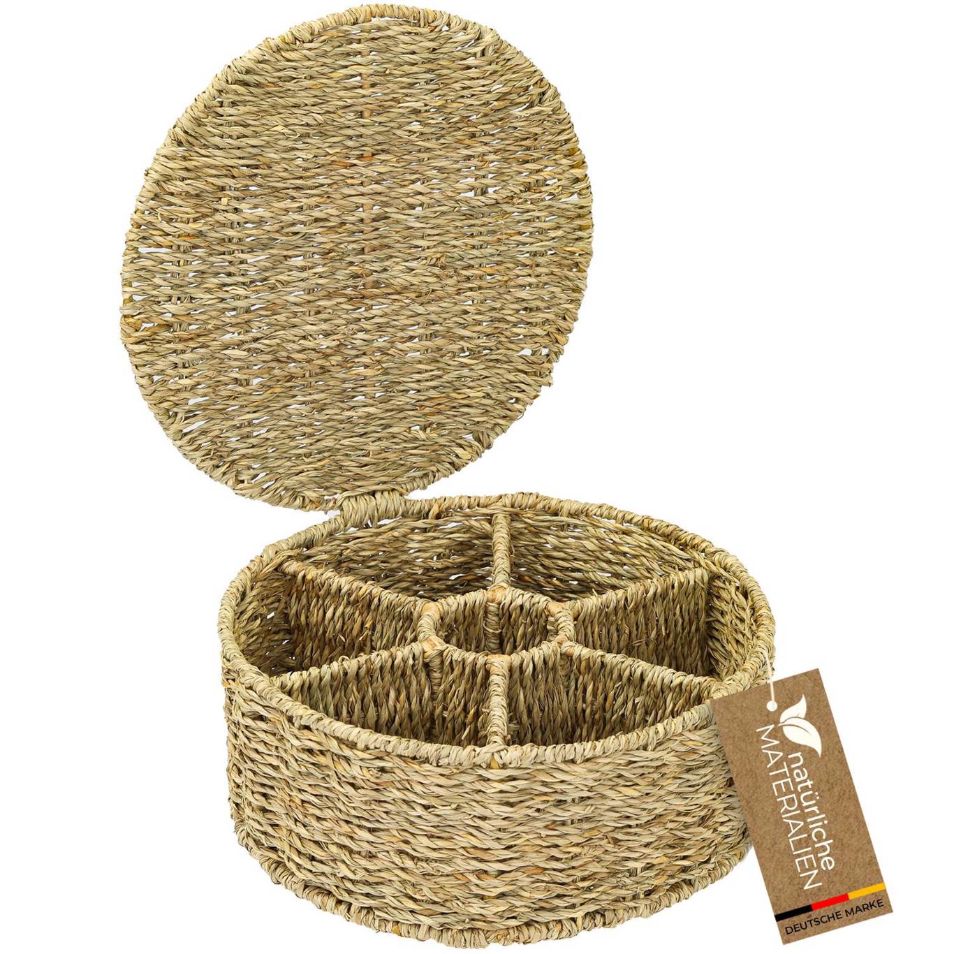 HMF - Seegras Teebox (Tee Aufbewahrungsbox) Beige | 7 große Fächer, 27x27x11 cm | Ideal für Teebeutel