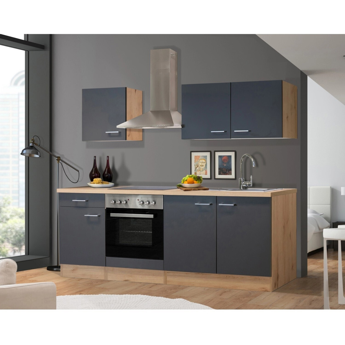 Flex-Well - Tiago Miniküche mit Elektrogerät (mit Spüle, Dunstabzugshaube) 210 cm, creme-grau, Tiefe 60 cm - San Remo matt-Eiche grau