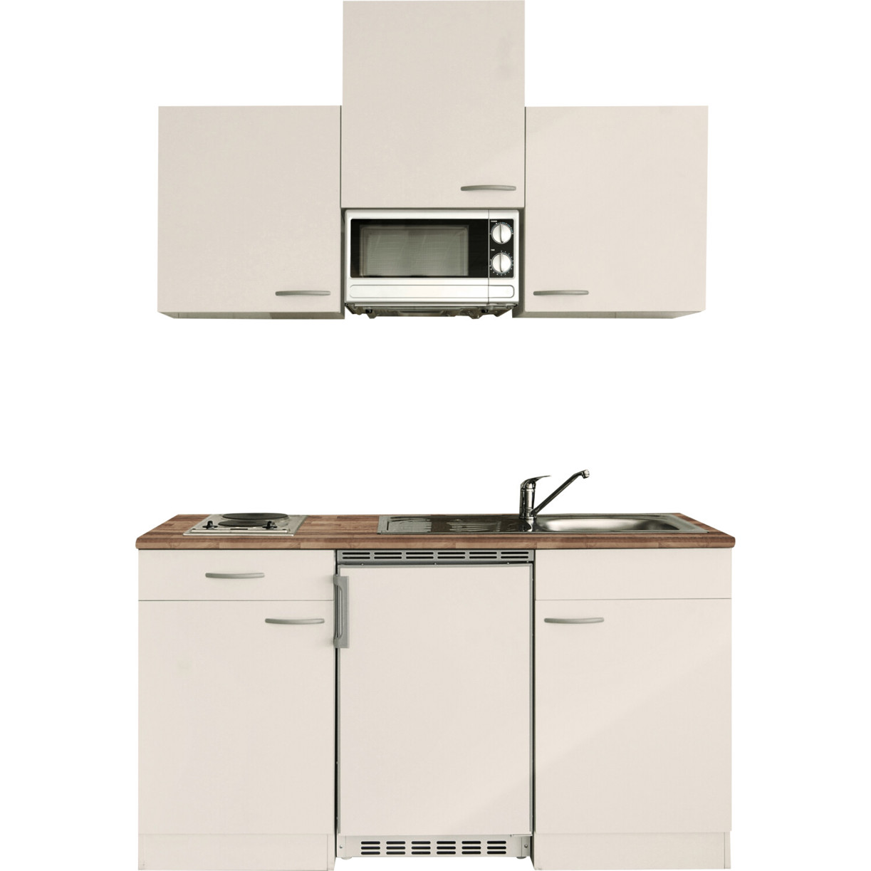 Respekta - KB150WWMIC - Kompakte Miniküche (weiß, 150 cm) mit Kühlschrank, Mikrowelle und Glaskeramik-Kochfeld, inkl. Glasablageflächen und 68L Kühlraum