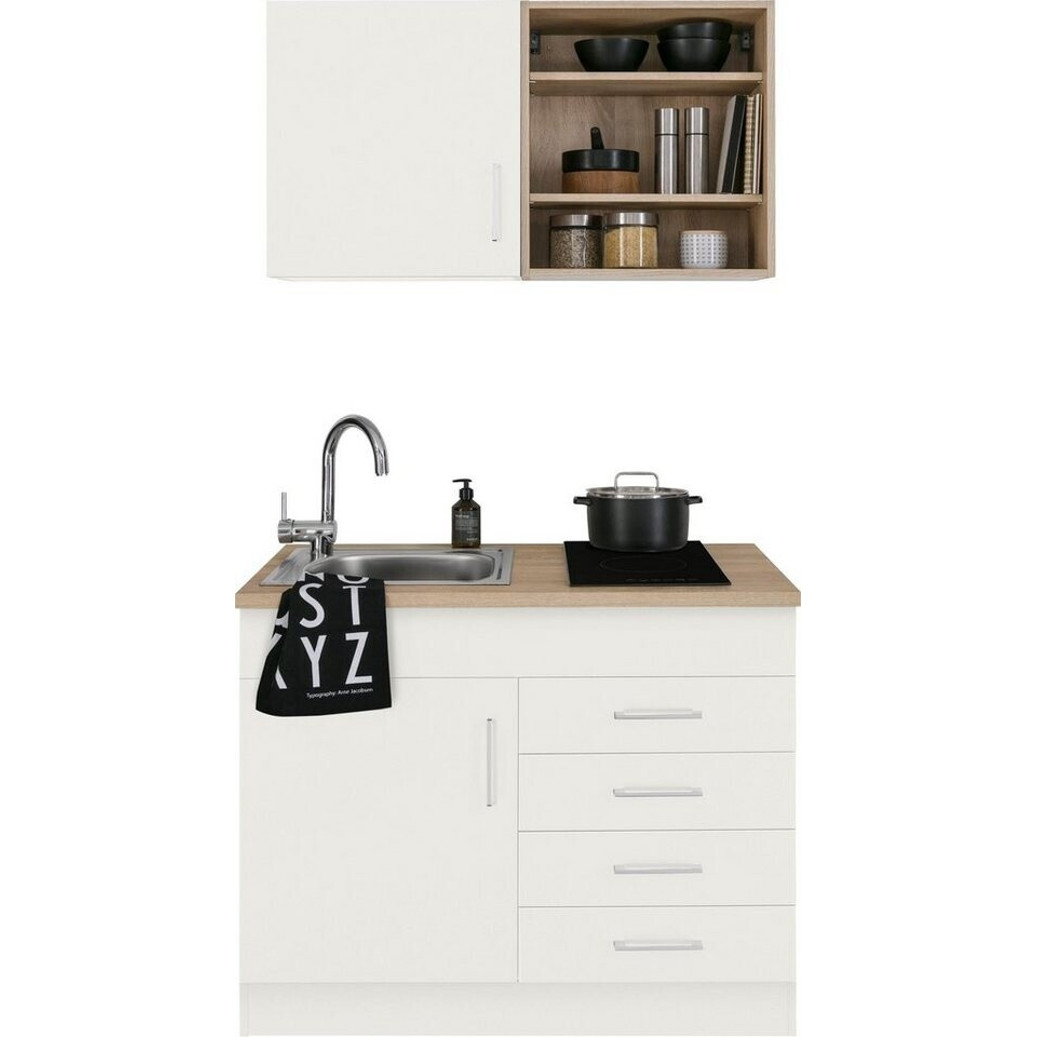 Kochstation - KS-Mali - 100 cm Pantry-Miniküche (Weiß, mit Glaskeramik-Kochfeld, Spüle, Unterbauschrank)