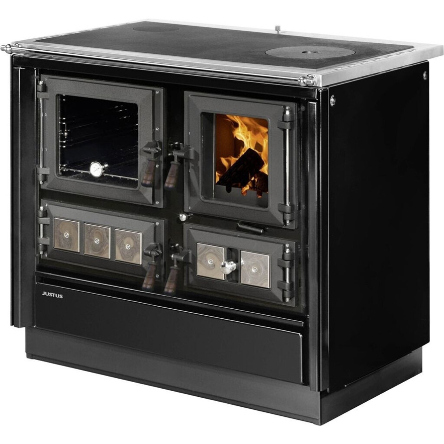 Justus - Rustico-90 - Festbrennstoffherd (Stahl schwarz) - Holzherd mit Backofenausstattung (7kW, Zeitbrand)