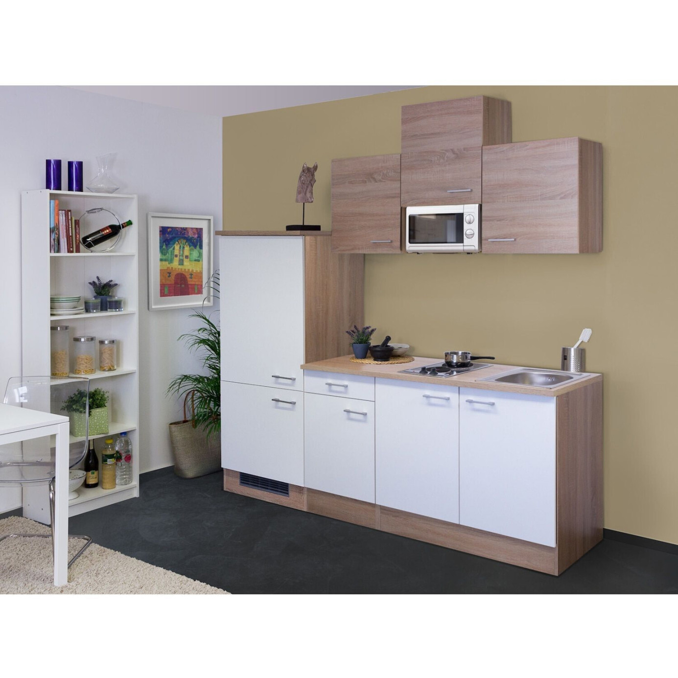 Flex-Well - Sonoma 210 cm - Miniküche mit Elektrogerät (Sonoma Eiche Dekor, 200x210x60 cm)