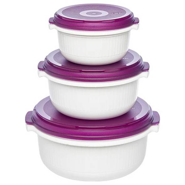 Emsa - 508455 Mikrowellendose Set - Rund (Kunststoff, Weiß/Brombeer) 0.5l - 1.5l