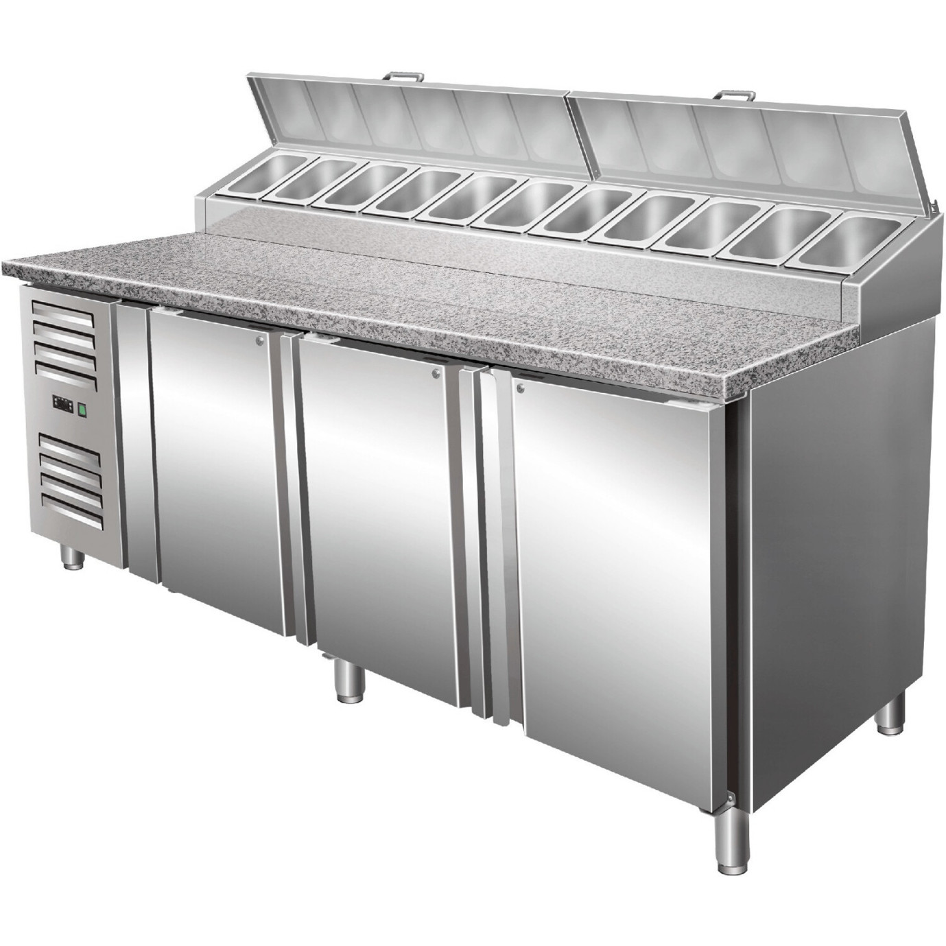 Saro - SH 2000, Freistehender Stahlblech Kühltisch, Silber, 725 Liter, Abtauautomatik & Digitale Temperaturanzeige, Geeignet für 1/3 GN Behälter (11 Stück à 150 mm), Temperaturbereich +2 bis +8 °C, 230 V, Höhe 108 cm, Tiefe 85 cm