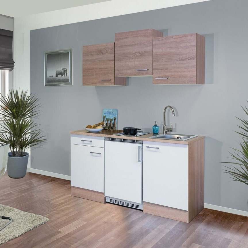 Flex-Well - Samoa 150 cm, Miniküche mit Elektrogerät (weiß, 60 cm Tiefe), Glasablageflächen, Abtauautomatik, Kühlschrank (68 Liter), Gefrierbereich (15 Liter), mit Kühlschrank, mit Kochfeld, mit Schublade, Sonoma Eiche Dekor