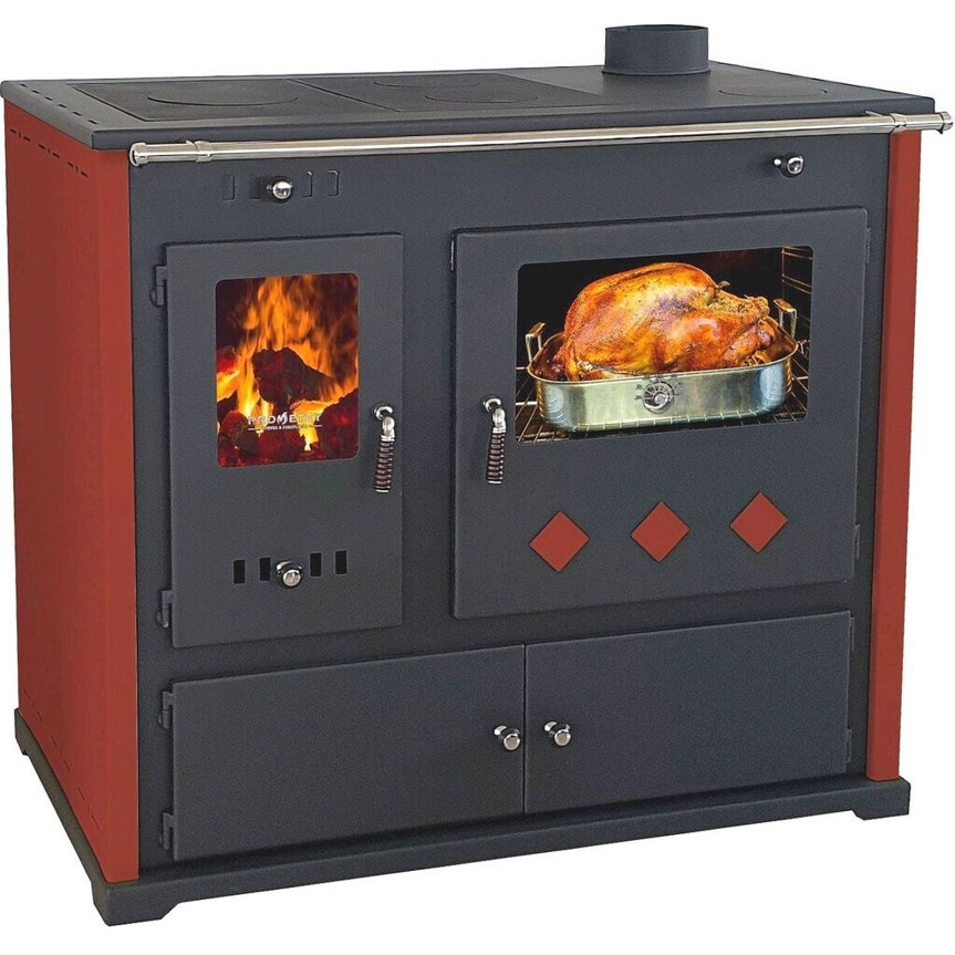 Prometey Kaminofen mit Backfach und Herdplatte Pracktik LUX Rot 9,5 kW