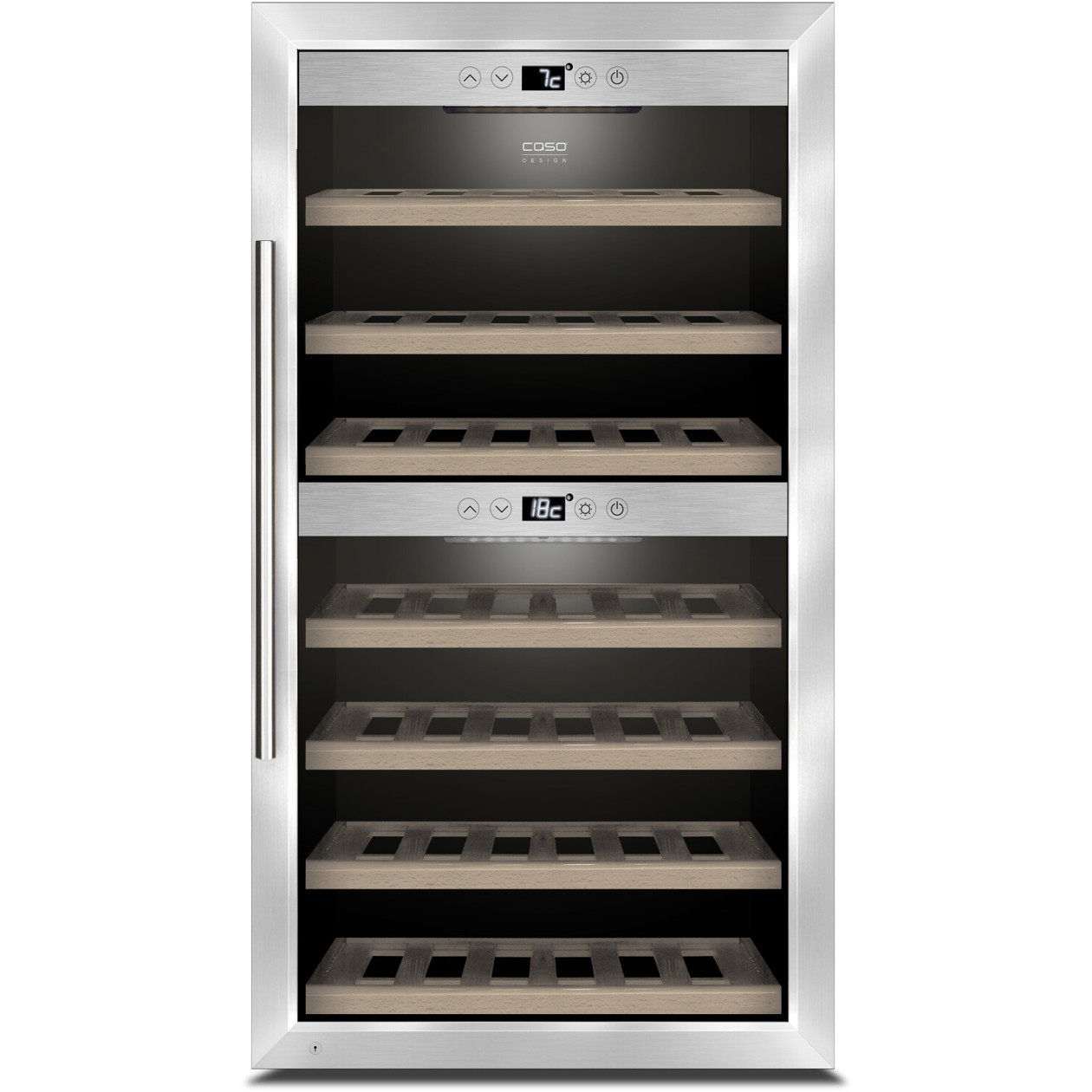 Caso - WineComfort 66 - Freistehender Weintemperierschrank mit 2 Zonen (66 Flaschen, Edelstahlrahmen, LED-Display)