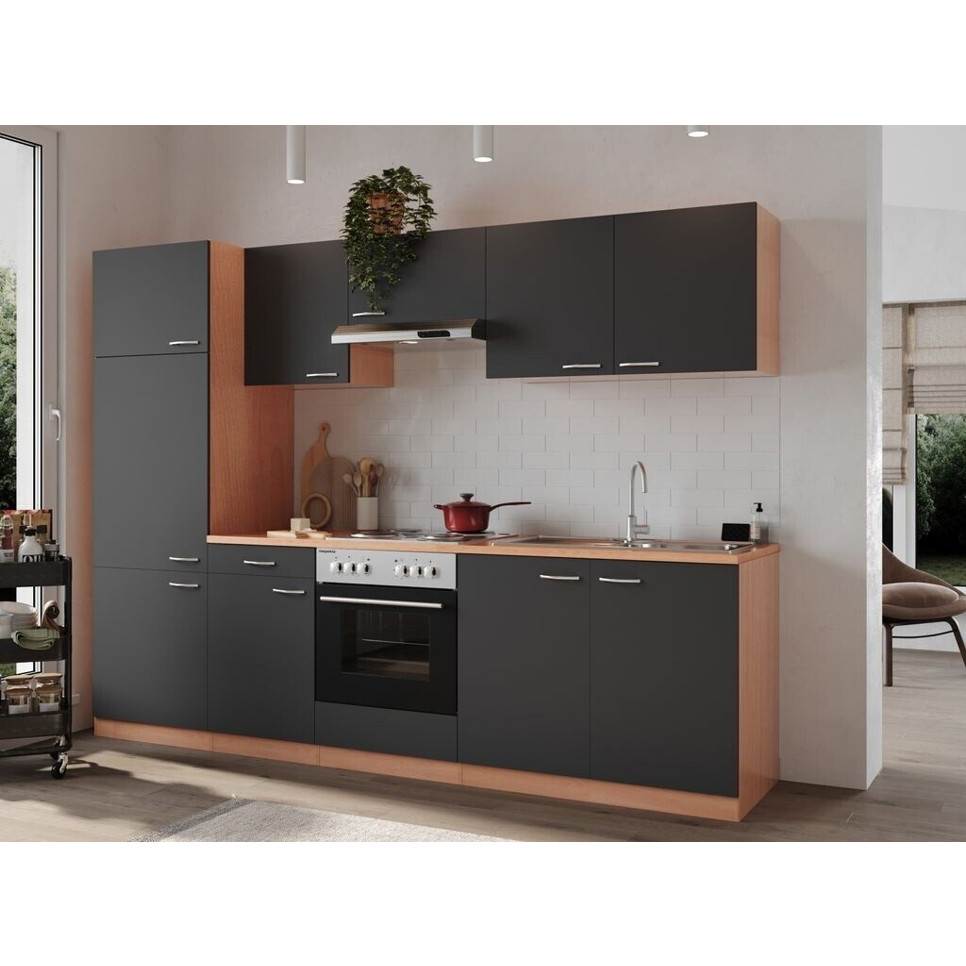 Respekta - KKB270BGE, Miniküche mit Kühlschrank (68L), Gefrierbereich (14L), Glaskeramik-Kochfeld, Mikrowelle (17L), Grau, 150 x 60 x 84,8 cm