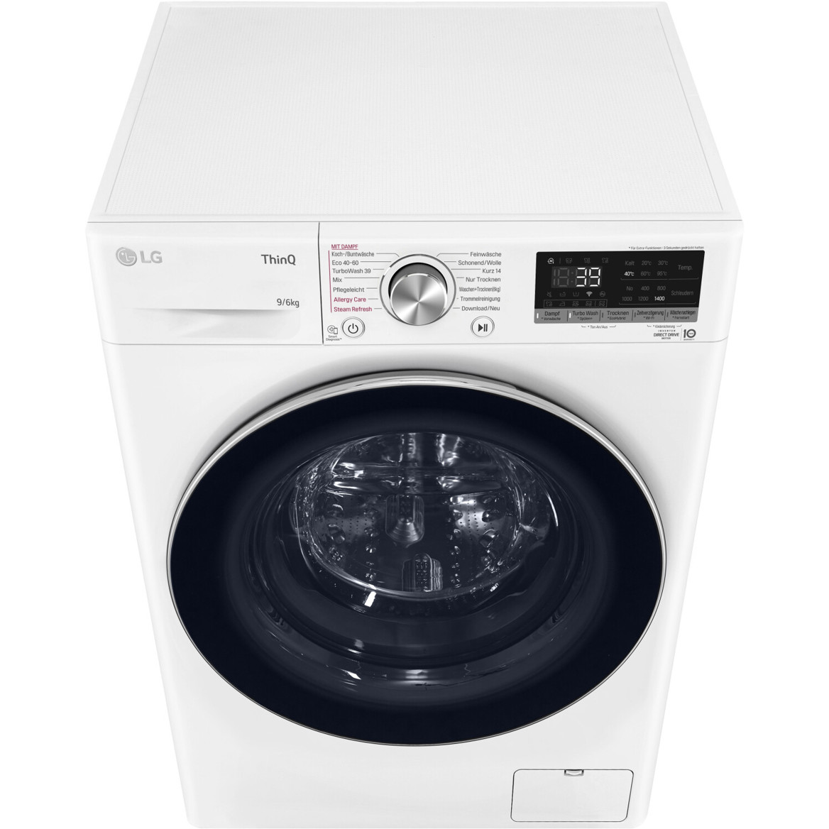 LG - V7WD96H1A - Weißer freistehender Waschtrockner mit Inverter-Motor (9 kg Waschen / 6 kg Trocknen) - WLAN-fähig, Edelstahl Trommel