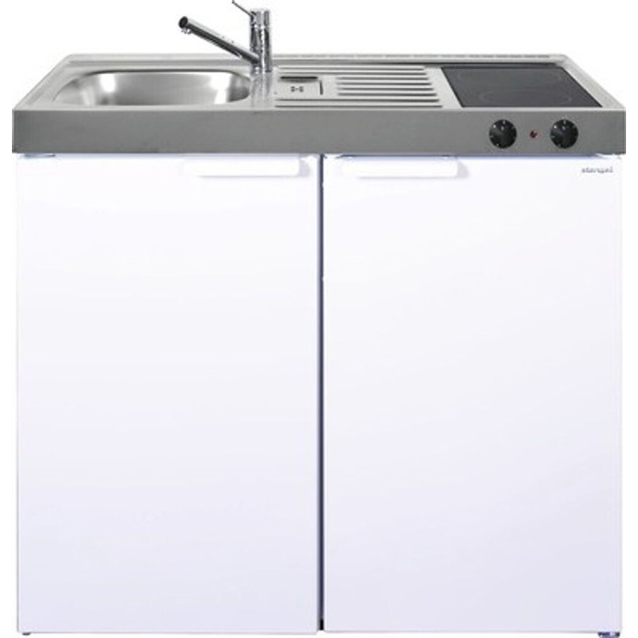 Stengel - MKC 100 - Miniküche mit Elektrogerät, 100cm Breite, 60cm Tiefe, 89cm Höhe, 104L Kühlbereich, 14L Gefrierbereich, mit Kochfeld und Edelstahlspüle