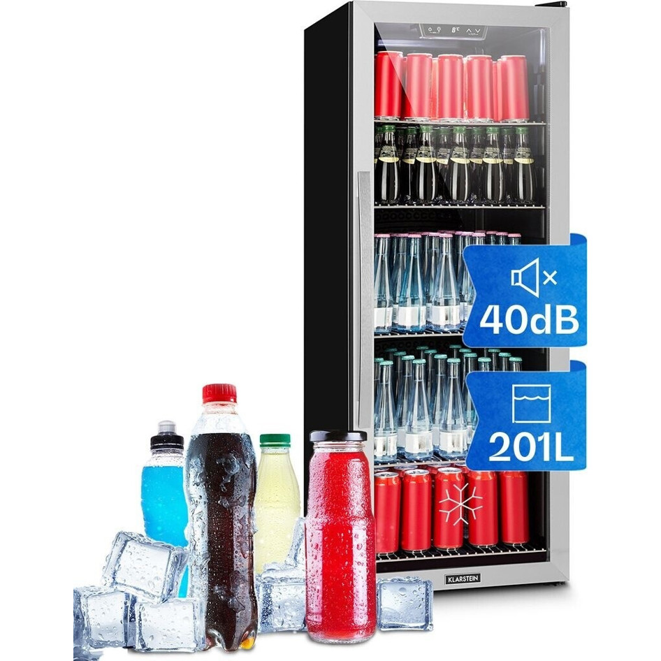 Klarstein - 5XL (Kühlschrank mit Glastür) 201L Edelstahl, freistehend, 0 bis +10°C