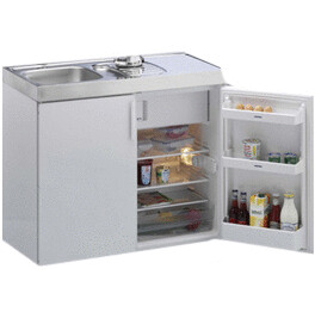 Stengel - MK 100 - Miniküche mit Elektrogerät (Teepantry) weiß, 100 cm Breite, 62 cm Tiefe, 100L Kühlbereich, 14L Gefrierbereich, Glasablageflächen, Abtauautomatik, mit Unterbauschrank: 50 cm, ohne Kochfeld, mit Edelstahlspüle, mit Kühlschrank