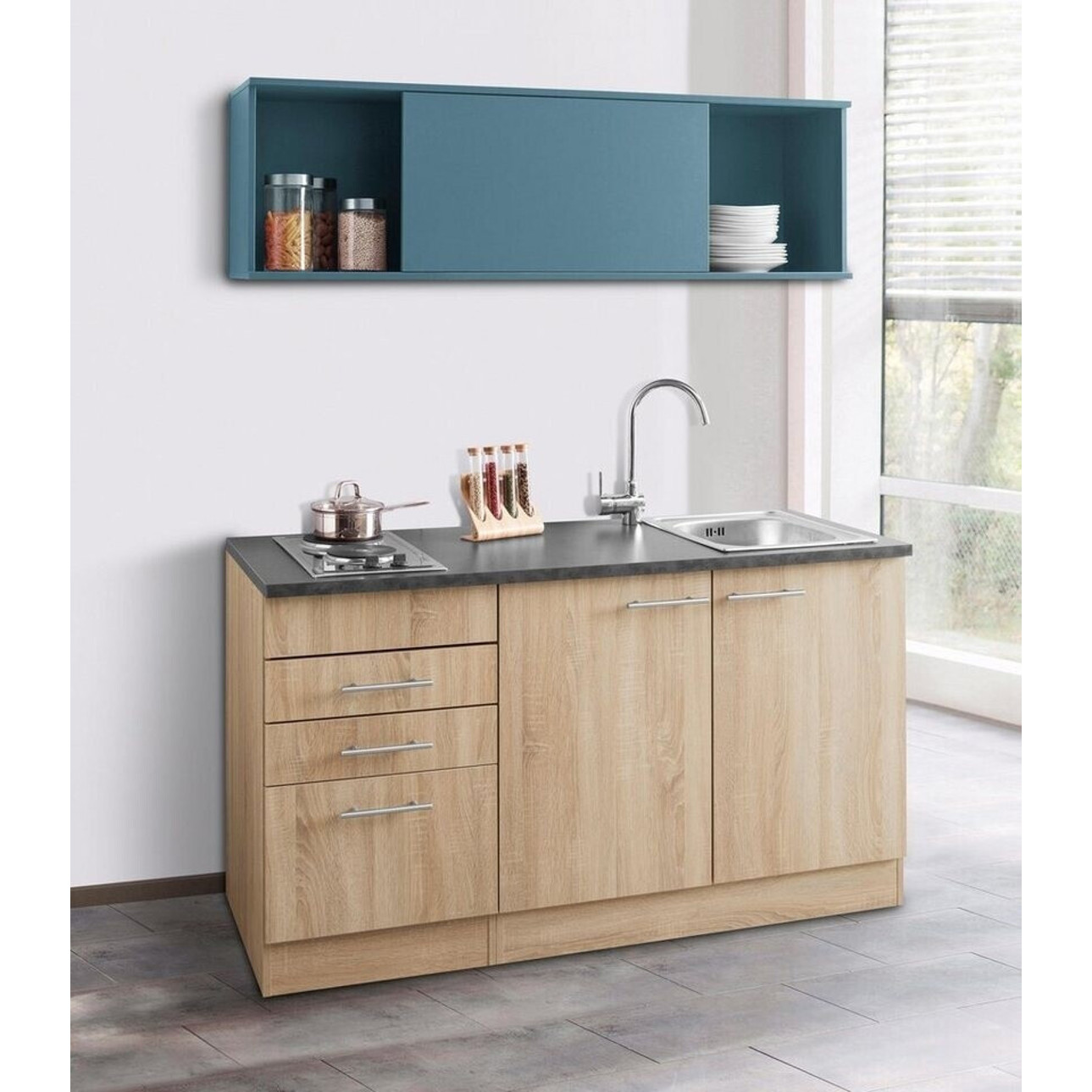 Optifit - 721473-0 (Miniküche 150 cm) - Eichefarben Blau Anthrazit mit Kochfeld, Tiefe 60 cm