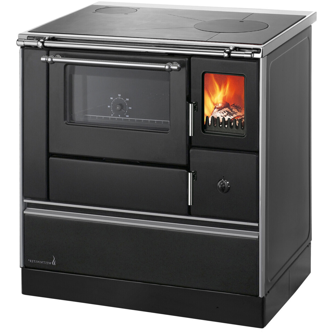 Wamsler - K 176 F/A 90 - Festbrennstoffherd (85 x 60 x 90 cm) Schwarz, 5 kW Heizleistung, 120 mm Rohranschluss, Stahl-Kochfeld, Dauerbetrieb, Heizvermögen 88 m³