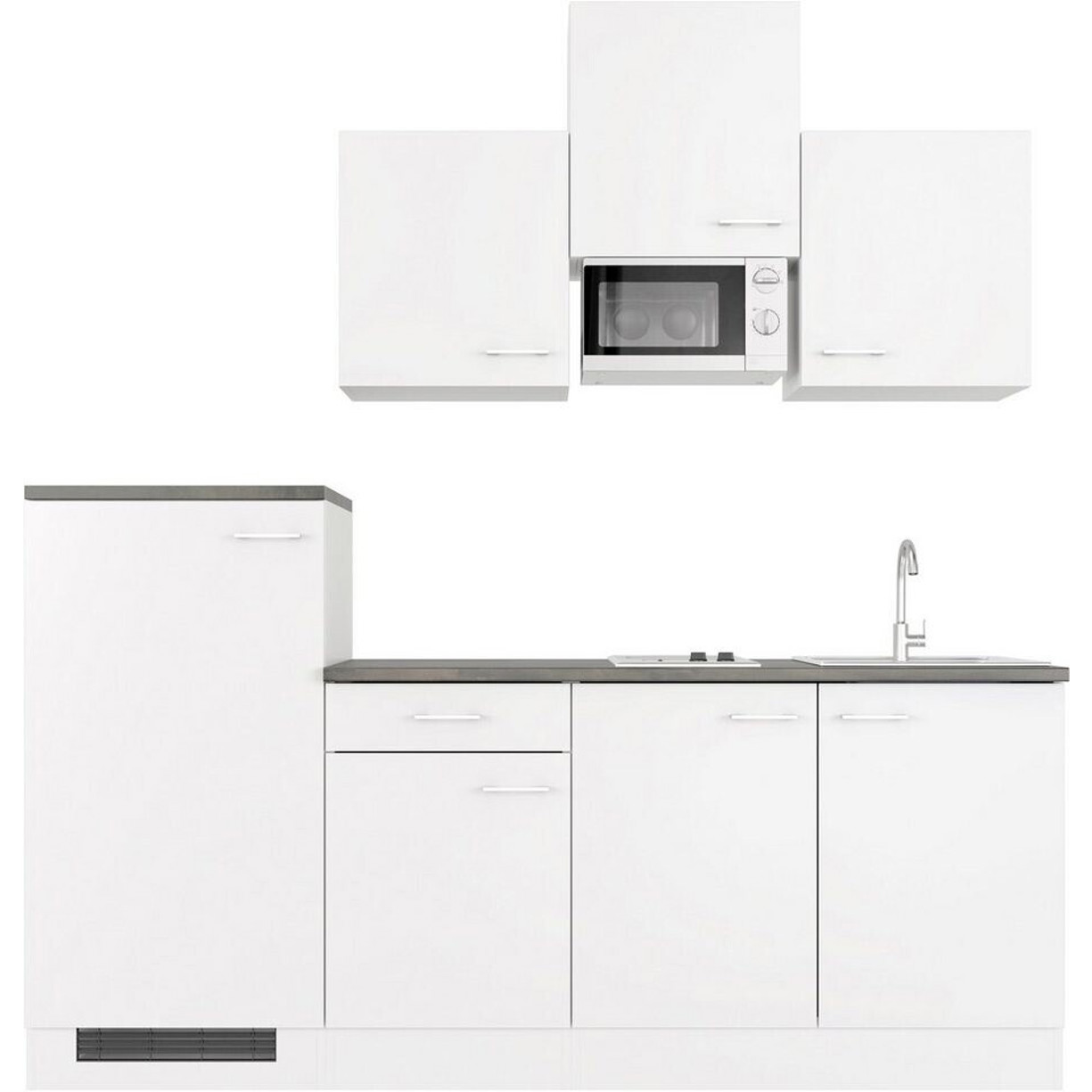 Flex-Well - 85771939 (Kompakte Miniküche weiß (210 cm) mit Kühlschrank, Kochfeld & Mikrowelle)