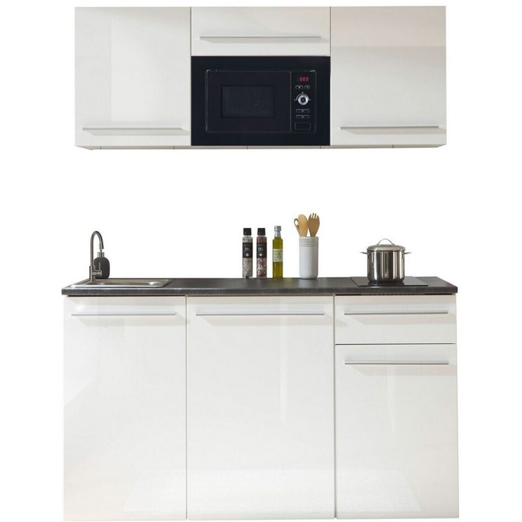 Basic By Balculina - JAZZ 160 - Miniküche mit Glaskeramik-Kochfeld (160cm breit, 60cm tief, Kühlschrank: 104L, mit Mikrowelle) - weiß/braun/schwarz