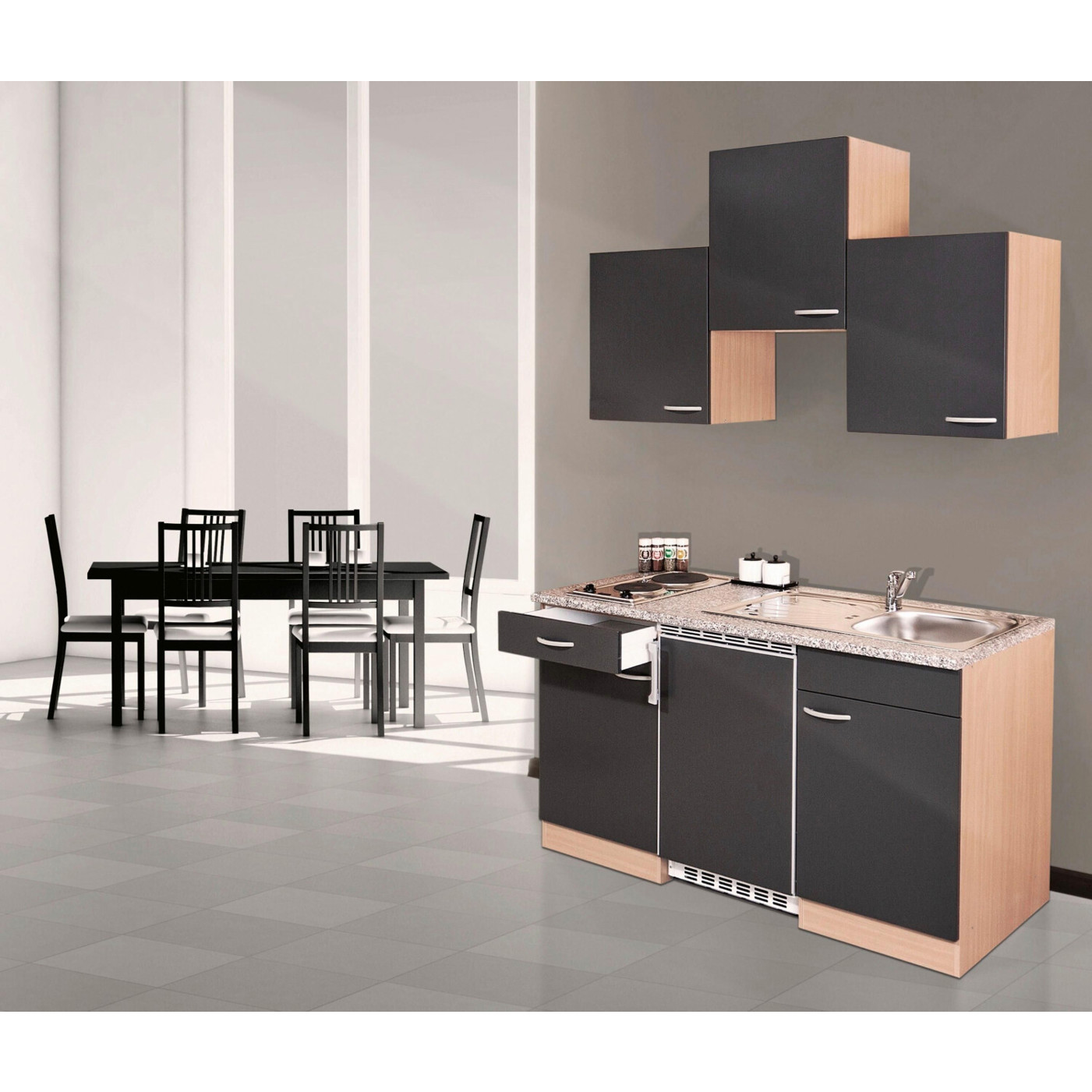 Respekta - 001899020203 (Miniküche)- grau, 60cm Tiefe - 14L Gefrierbereich, 68L Kühlbereich, Glasablageflächen - mit Mikrowelle uvm.