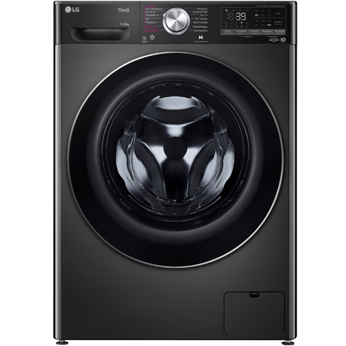 LG - V9WD128H2B - Freistehender Waschtrockner (12 kg) mit Inverter-Motor, Schwarz, 60 cm Breite, Frontlader, 1.400 U/min