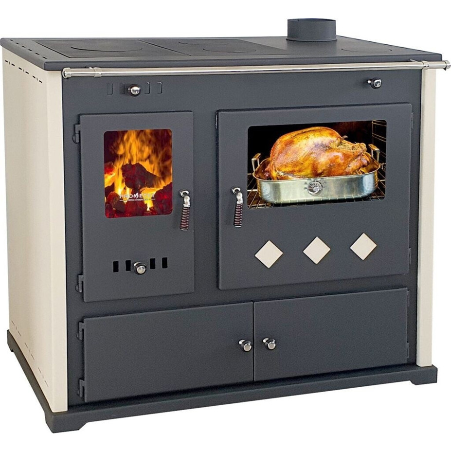 Prometey - Practik LUX (Kaminofen mit Backfach) - Standgerät, 90x52x90 cm, 9,5 kW, Dauerbrand & Zeitbrand, Festbrennstoffherd (Öl, Holz, Holzbriketts), Thermometer, Sichtfenster, Backofen, Scheibenspülung