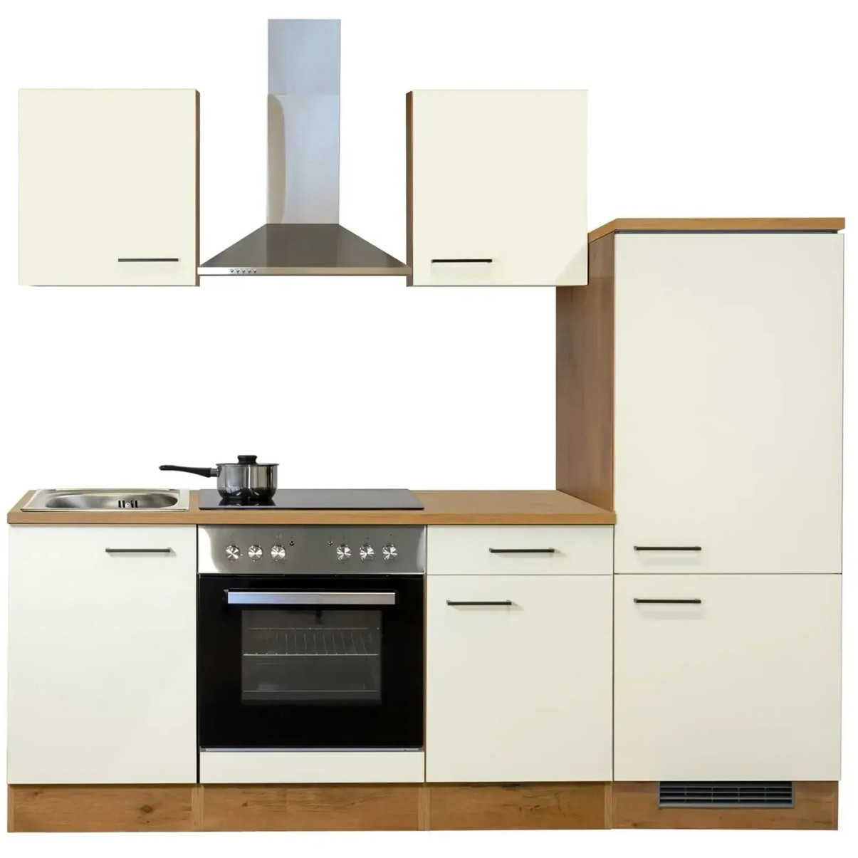Flex-Well - Vintea - All-in-One Küchenzeile (220 cm), Magnolia matt-Lancelot Oak - Weiß/Natur mit Spüle, Kühlschrank, Backofen & mehr, 200x60 cm (HxT)