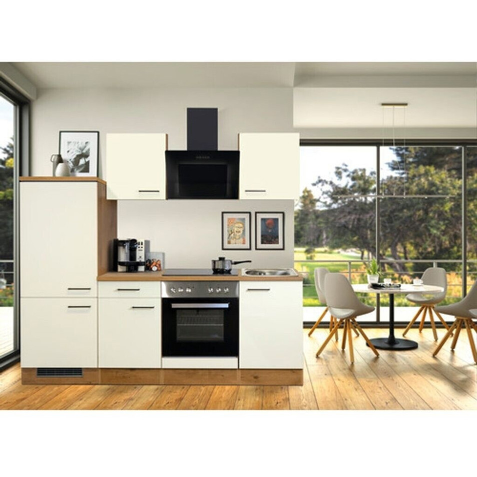 Flex-Well - Vintea 220 cm - Miniküche mit Elektrogerät (weiß/natur, inkl. Schublade, Unterbauschrank, Hängeschrank, Spüle, Kühlschrank, Backofen, Dunstabzugshaube, Kochfeld)