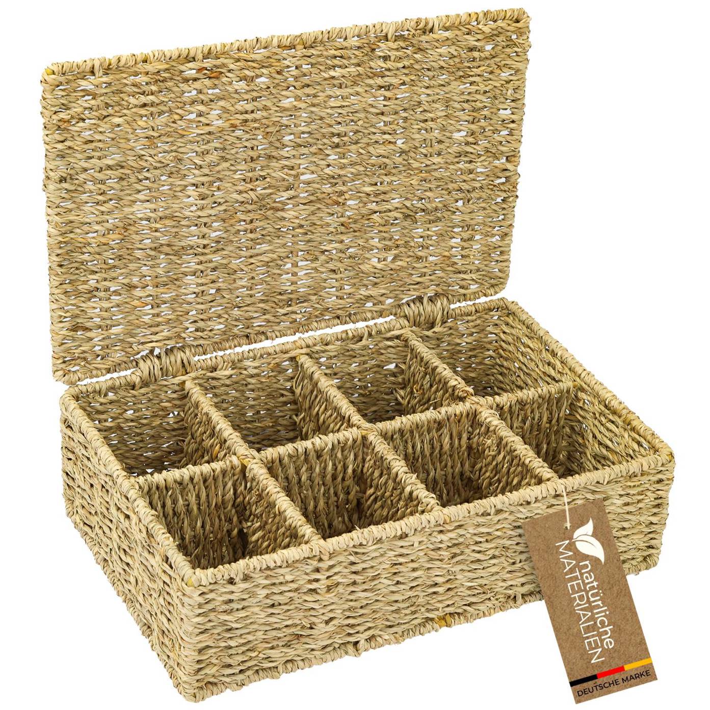 HMF - 32x21x10cm (Teebox für Teebeutel - Geflochten aus Seegras & Tee Aufbewahrungsbox mit 8 großen Fächern) Beige