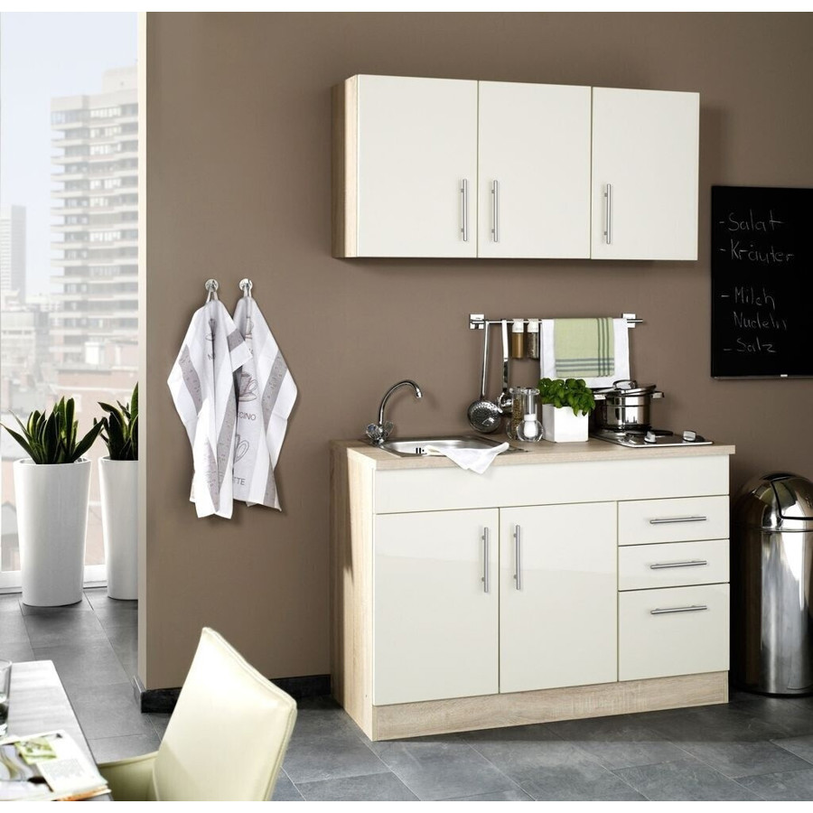 Held Möbel - TORONTO - Miniküche 120 cm (Creme, beige, 60 cm Tiefe, 200 cm Höhe) mit Schublade, Hängeschrank, Edelstahlspüle, Kochfeld