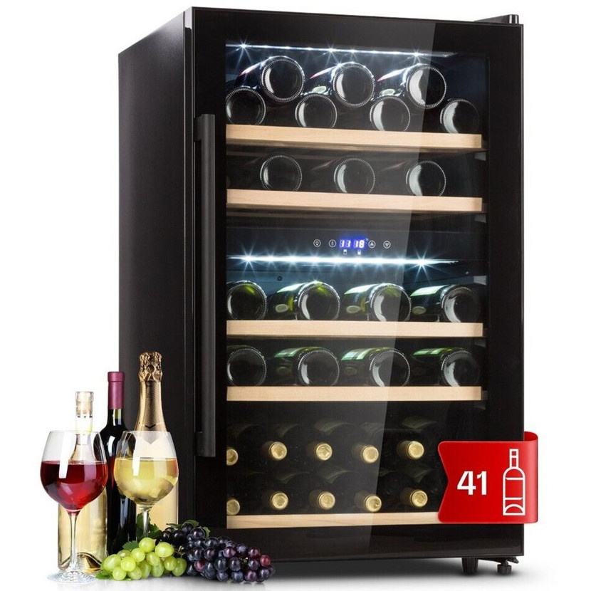 Klarstein - 40 Duo (schwarz) Weinklimaschrank - freistehend, Glastür, Holzlagerböden - leise (40 dB(A)), Innenraumbeleuchtung