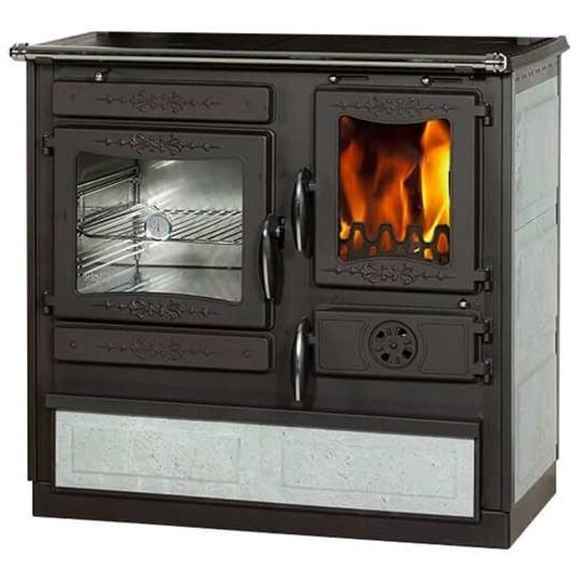 Globefire - 1027 - Alhena Naturstein grauer Standgerät, 7kW Leistung, seitlich links, Festbrennstoffherd mit Backofen & Warmhaltefach