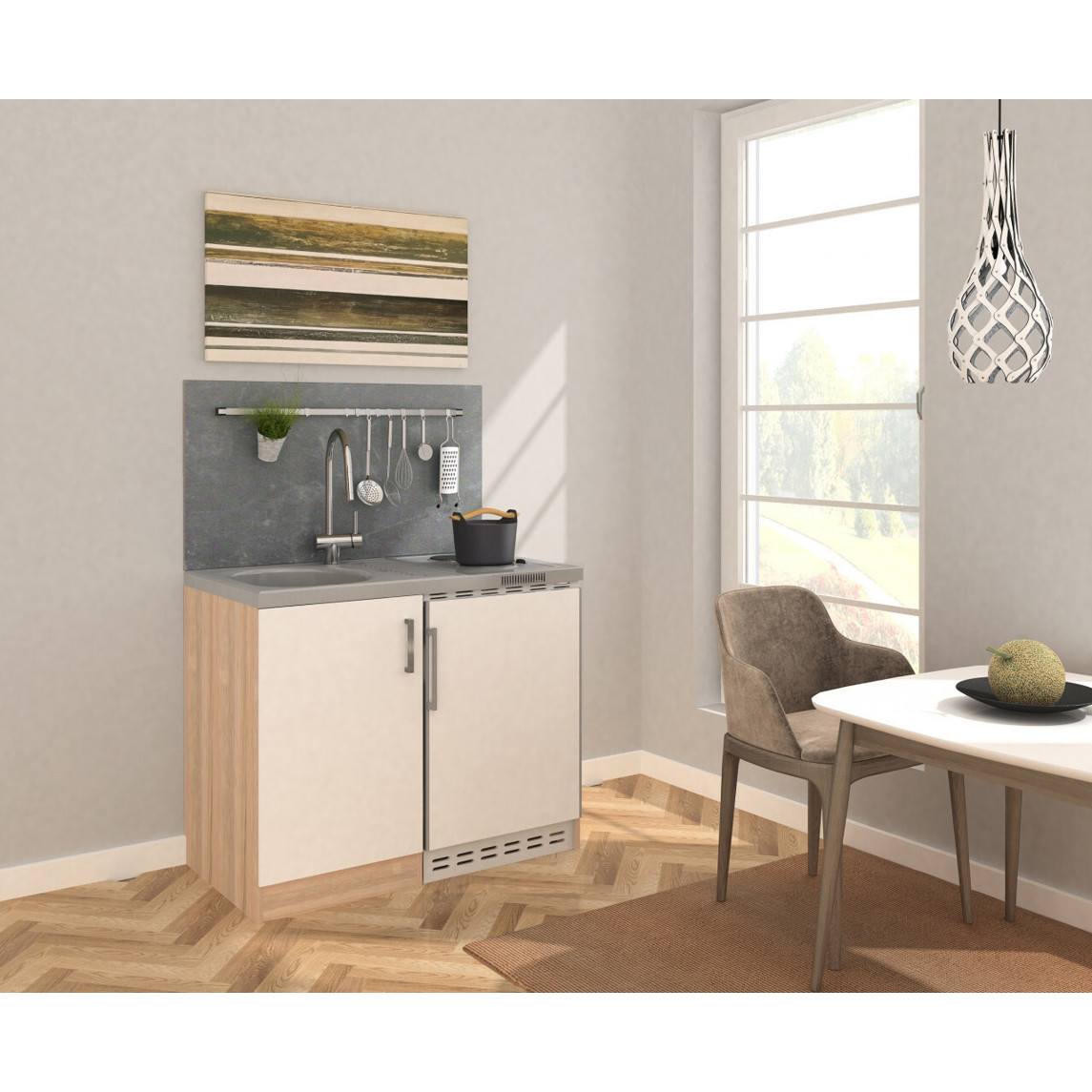 Respekta -MK100ESWS Miniküche (100cm Breite, 87cm Höhe, 60cm Tiefe) mit Kühlschrank (68L Kühlbereich, 14L Gefrierbereich) - Glasablageflächen, Abtauautomatik, mit Edelstahlspüle und Kochfeld (3,0 kW)