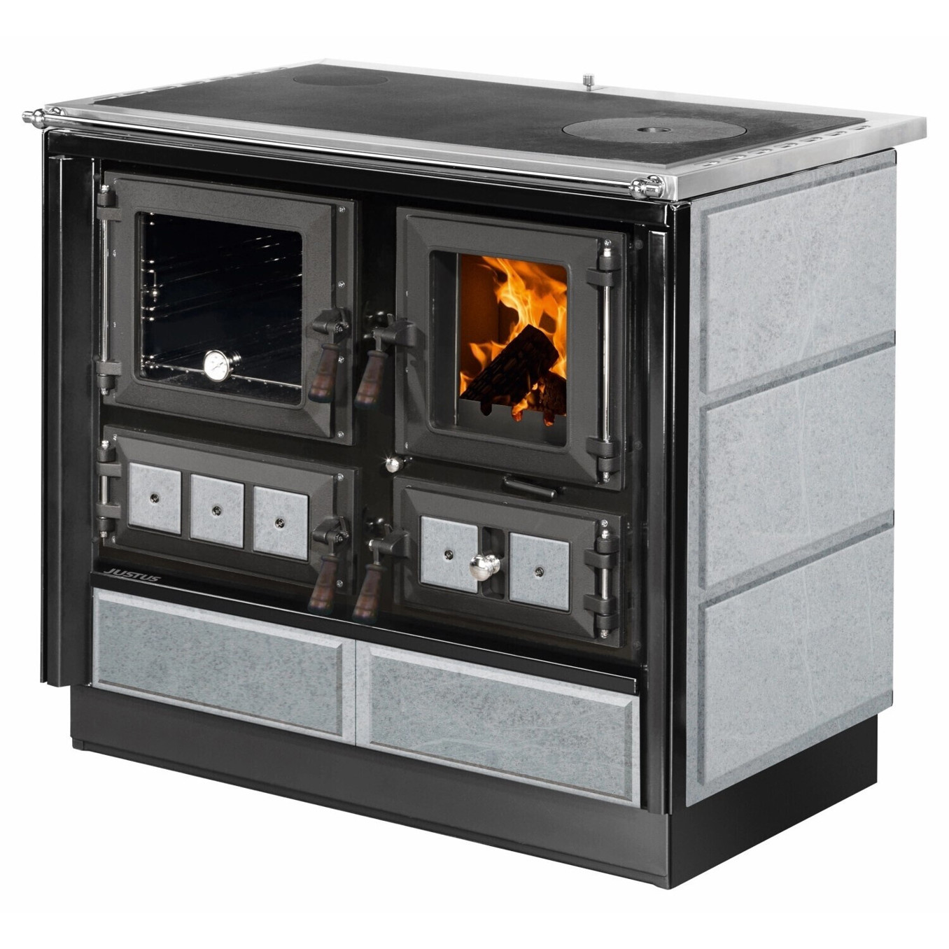 Justus - 90 2.0 - Rustico Festbrennstoffherd (Holzherd, Stahl/Edelstahl, 7 kW) mit Backblech, Backofen, Herdstange & Thermometer