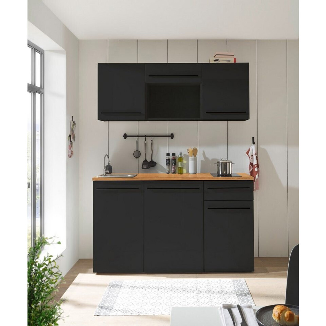 Basic By Balculina - JAZZ 160 - Miniküche mit Kühlschrank, Glaskeramik-Kochfeld & Edelstahlspüle (Schwarz matt/Eichefarben)
