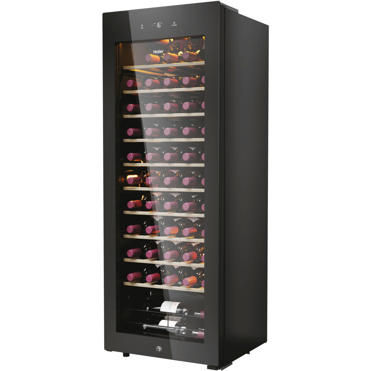 Haier - HWS58GGH1 (Weinklimaschrank) - Silber/Schwarz - Freistehend mit Glastür, LED-Display, 150 Liter, 58 Flaschenkapazität, Holzlagerböden, Antivibrationssystem