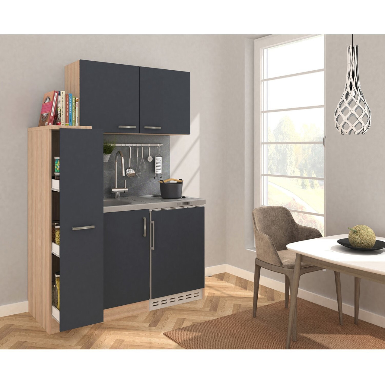 Respekta - MK130ESGOSCS Miniküche mit Glasablageflächen und Kühlschrank 68L (grau, 50cm)