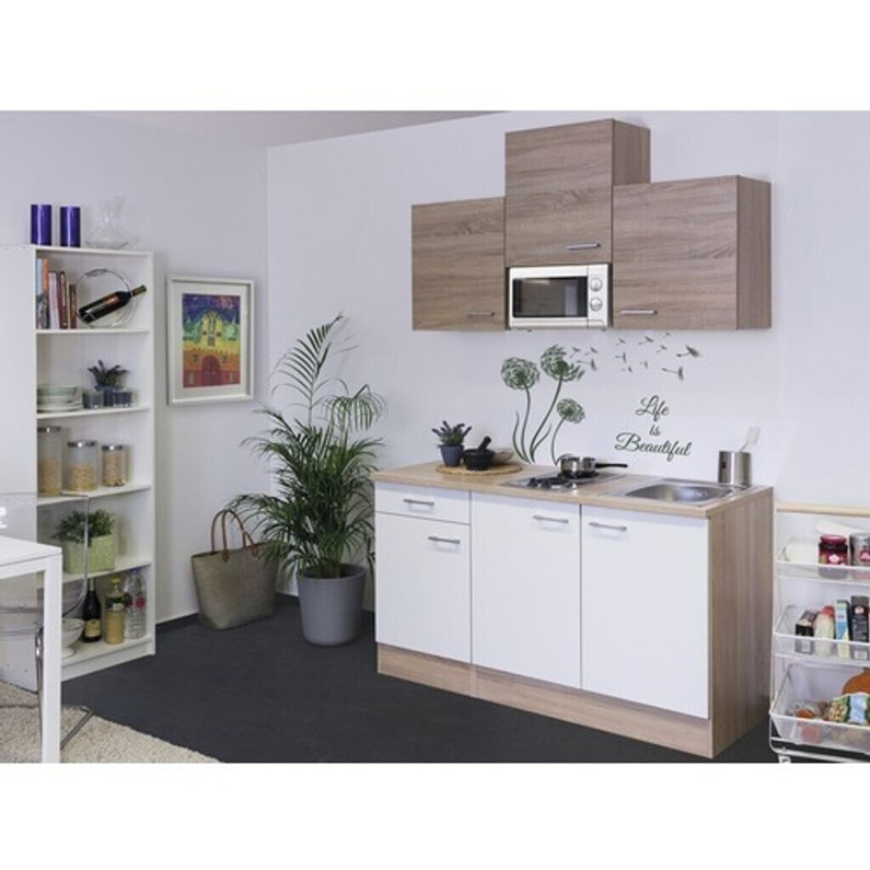 Flex-Well - Samoa eiche matt - Miniküche braun/weiß (150,5x60x200 cm) mit Mikrowelle, Kochfeld