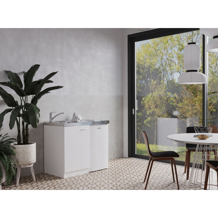 Respekta - MK 100 - Weiße Miniküche (100 cm) mit Geschirrspüler, Glaskeramik-Kochfeld, Edelstahlspüle & Kühlschrank (82x60x100 cm)