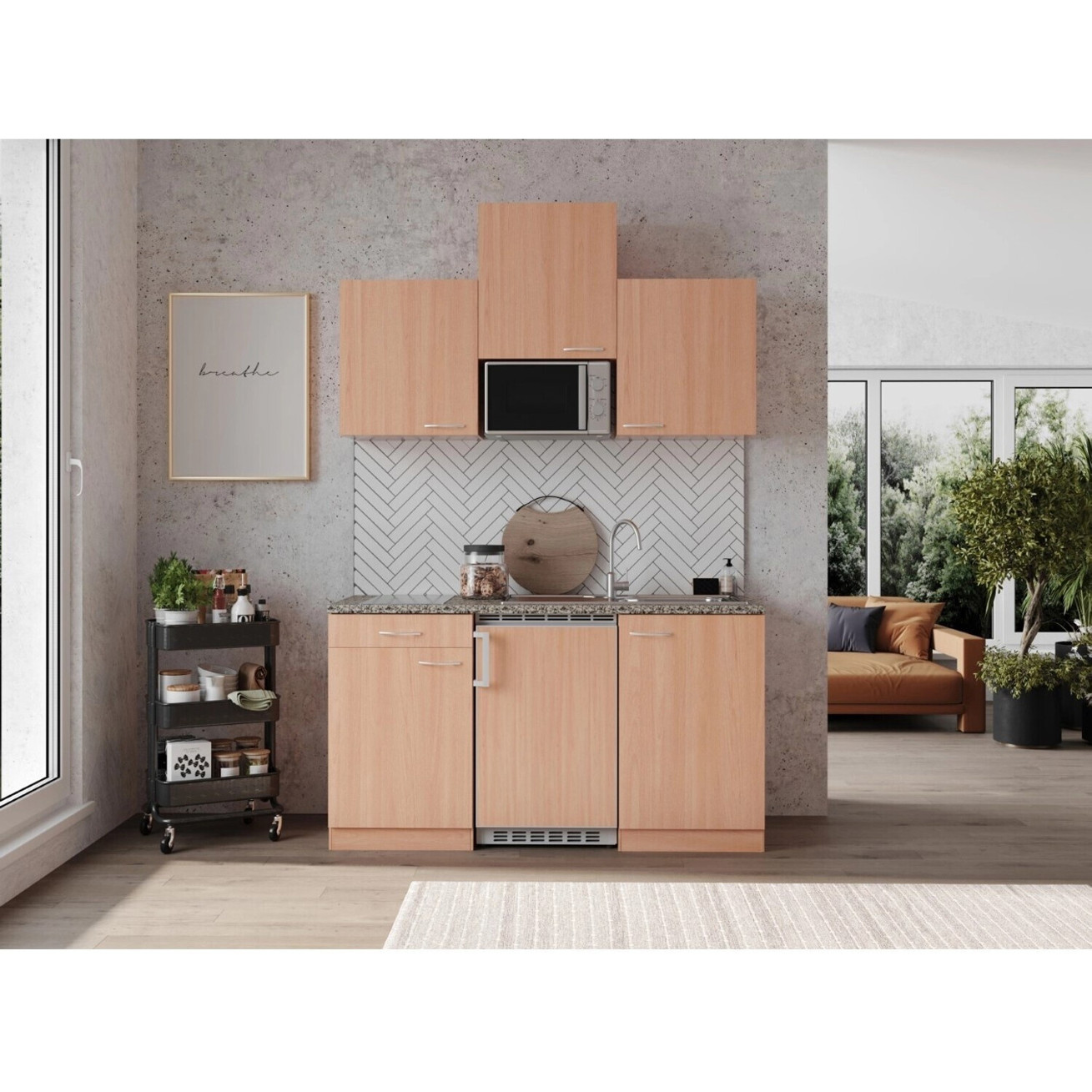 Respekta - KB150BB, Miniküche mit Elektrogerät (Geräuschpegel 39 dB, Glasablageflächen, Abtauautomatik, 182 kWh/Jahr Verbrauch, 14L Gefrierbereich)