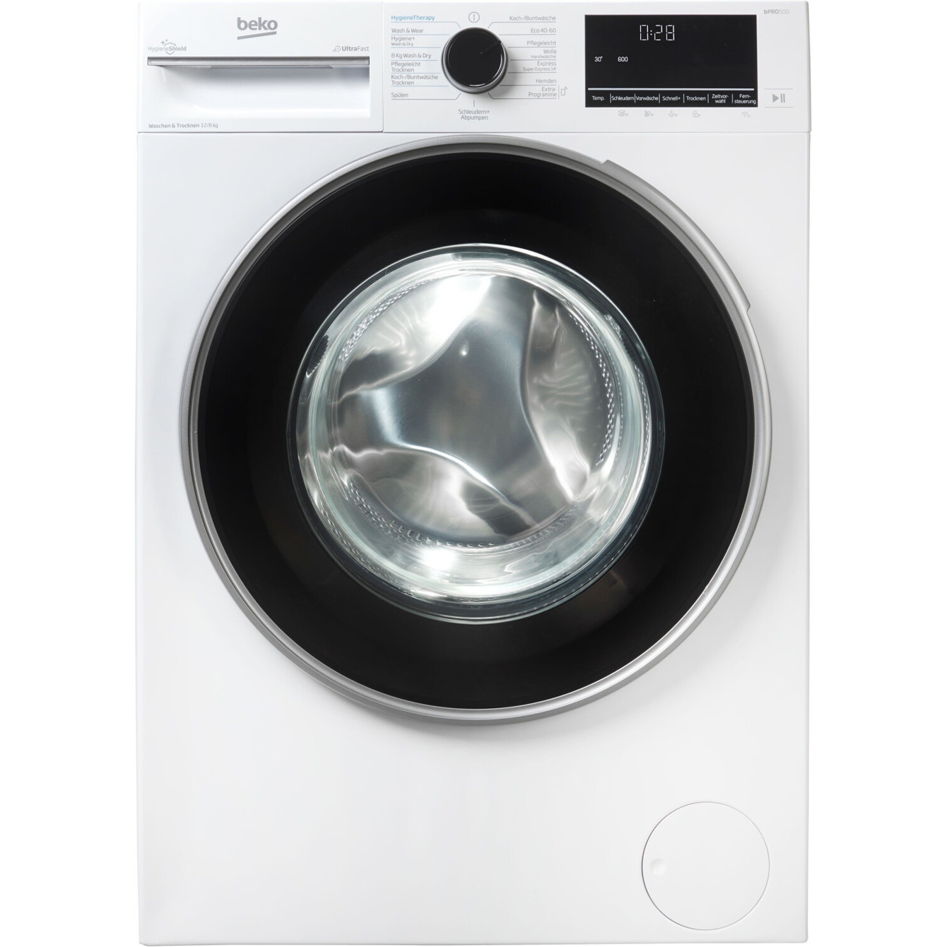 Beko - B3DFT512447W (weiß/schwarz) - Freistehender Waschtrockner - 12 kg Waschen, 8 kg Trocknen mit Inverter-Motor, Programm-Drehknopf & TouchControl-Tasten, 1.400 U/min, Kindersicherung