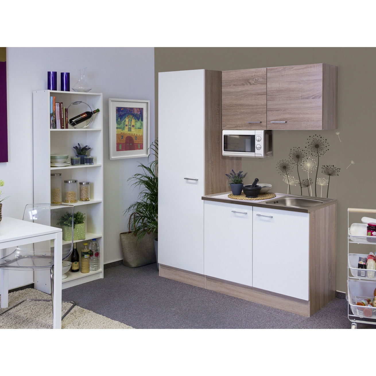 Flex-Well - Samoa (Miniküche) 150 cm – Eiche Natur/Braun/Weiß mit Spüle, Oberschrank, Mikrowelle (700 W, 17 l)