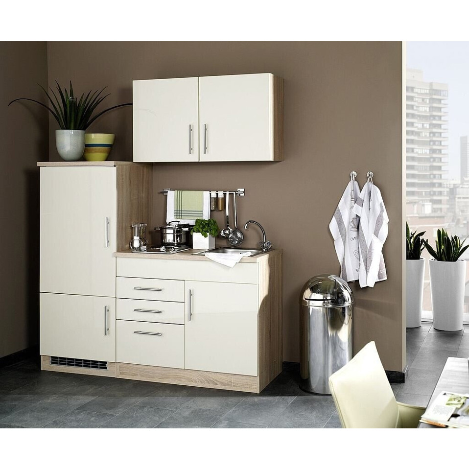 Held Möbel-Singleküche 160-Miniküche mit Kühlschrank, Schublade und Glaskeramik-Kochfeld (beige)