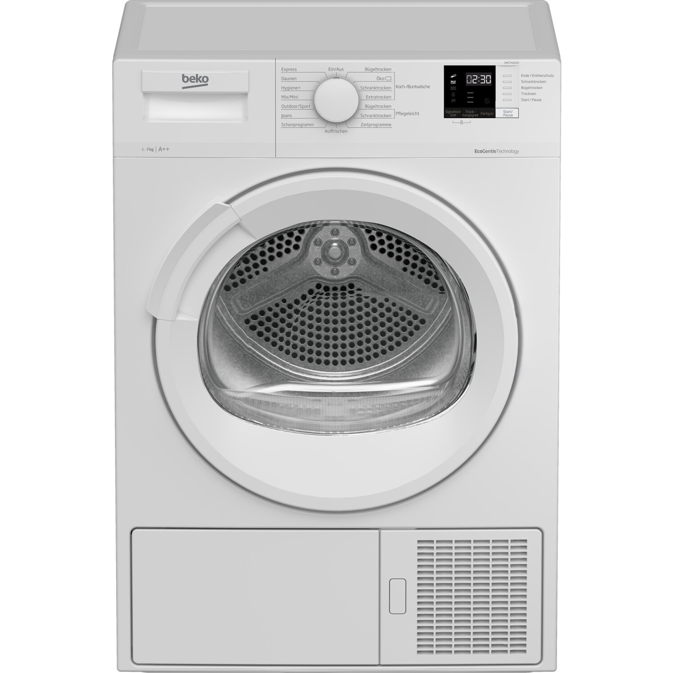 Beko - DHC742GXS (weiß, Restfeuchte-Sensor, Edelstahl-Trommel, Frontlader, 7 kg Kapazität, Startzeitvorwahl)