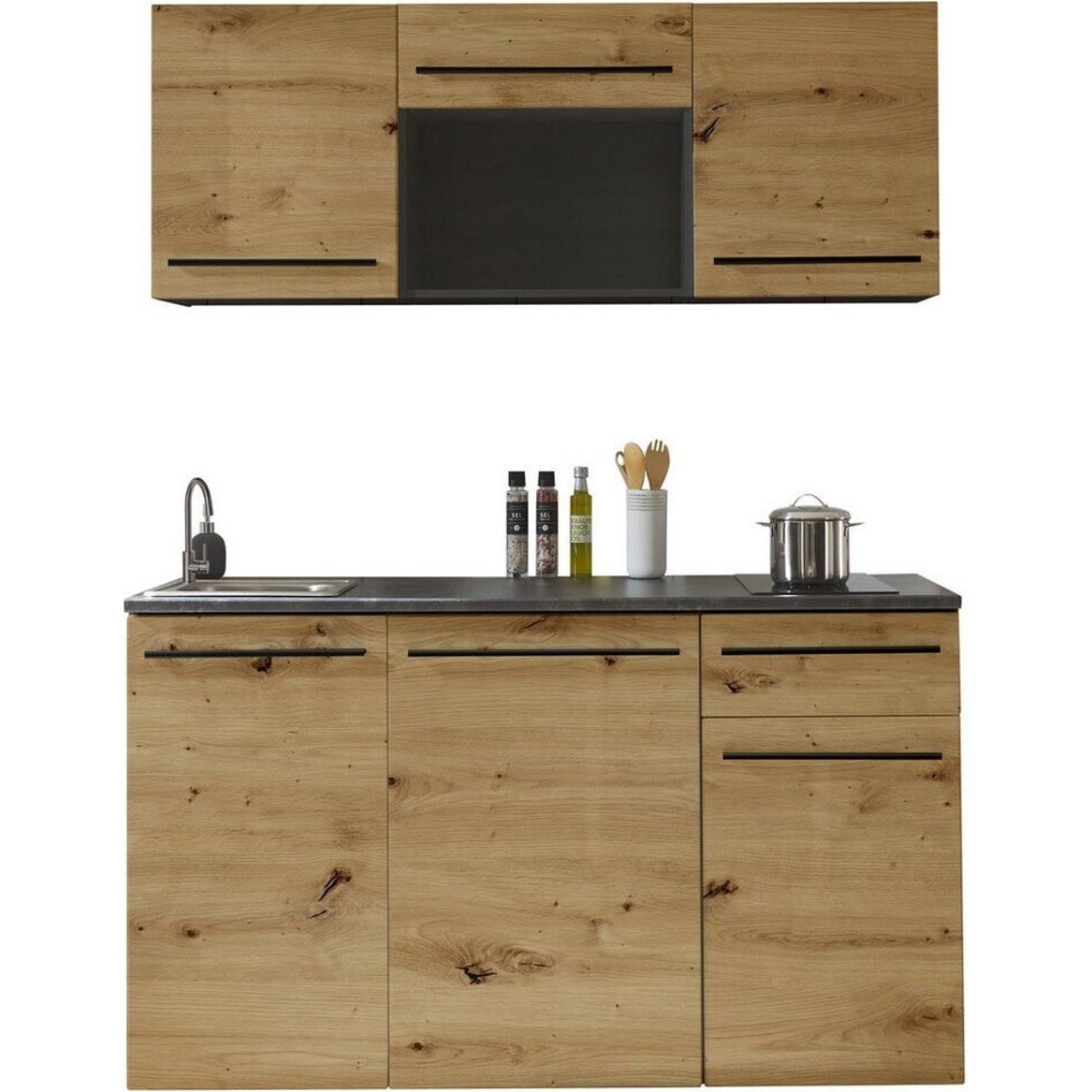 Basic By Balculina - JAZZ - Miniküche mit Elektrogerät (braun/schwarz, 160 cm, 60 cm Tiefe) mit Kühlschrank & Mikrowelle