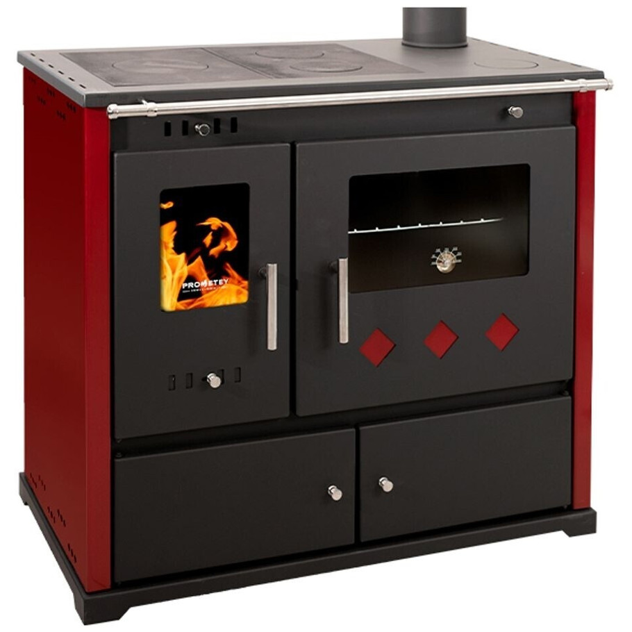 Prometey - 96204 - Holzherd Standgerät (Rot, 9,5 kW, Sichtfenster, Thermometer, Backofen)