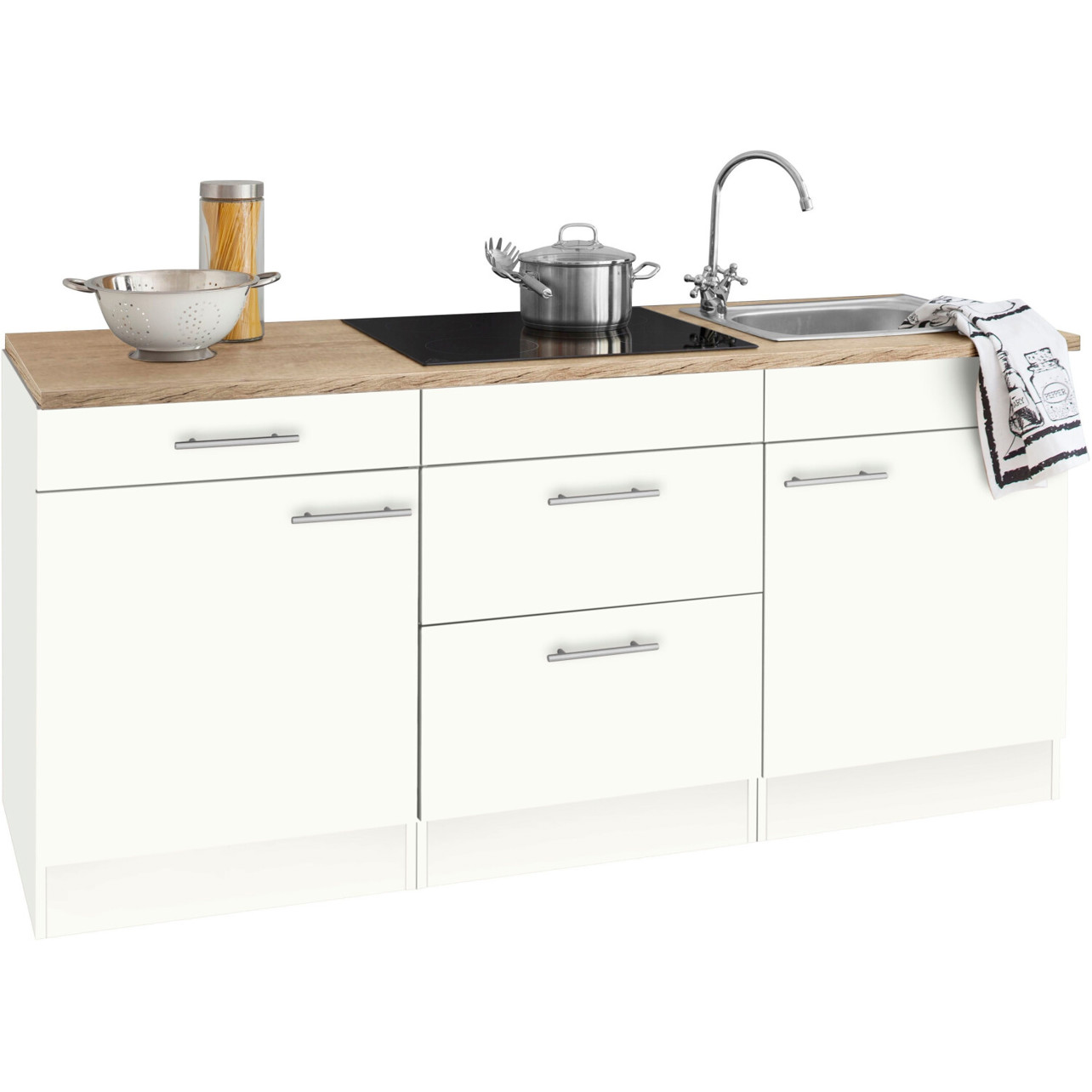 Optifit - 12689247 - Mini Küchenzeile mit E-Geräten (weiß, wildeichefarben) mit Spüle (B: 180cm, H: 85cm, T: 60cm)