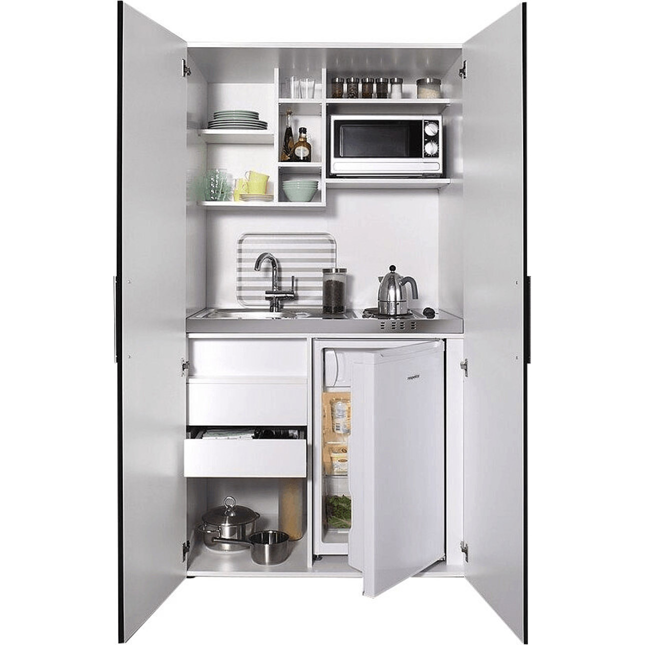 Respekta - SKWSMI - Schrankküche mit Mikrowelle, Kochfeld & Kühlschrank (104cm Breit, 192cm Hoch)